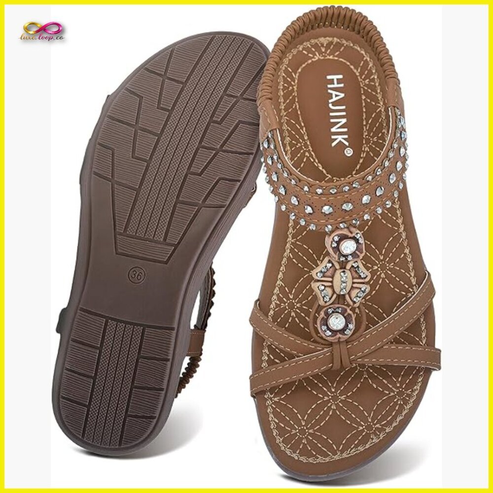 Bohemian Flat Sandals Slip On Elastic Strap Casual Beach Walking Shoes